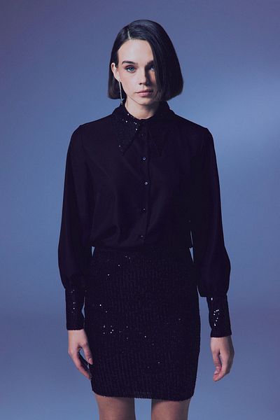 Sateen Sequin Detailed Shirt - Black-Black