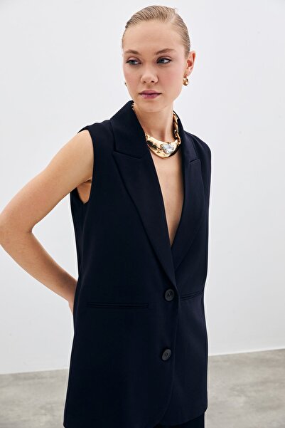 Sateen Кнопкована жилетка з деталями - темно-синя