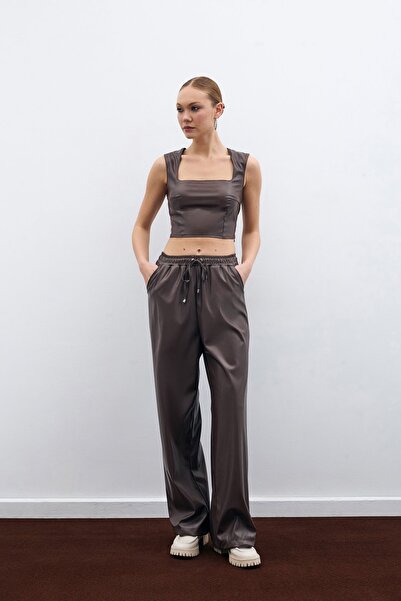 Sateen Loose Leather Trousers - Dark Brown