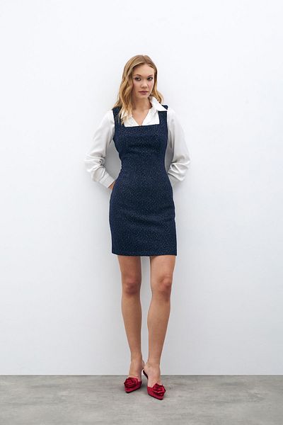 Sateen Mini Tweed Dress - Navy Blue