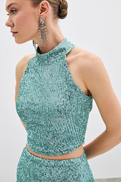 Sateen Kolsuz Payetli Bluz - Mint