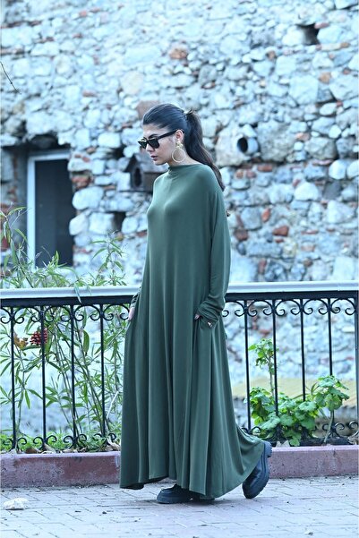 Şaman Butik Haki Dikiş Detaylı A Kesim Elbise