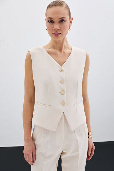 Sateen Beige Buttoned Short Vest
