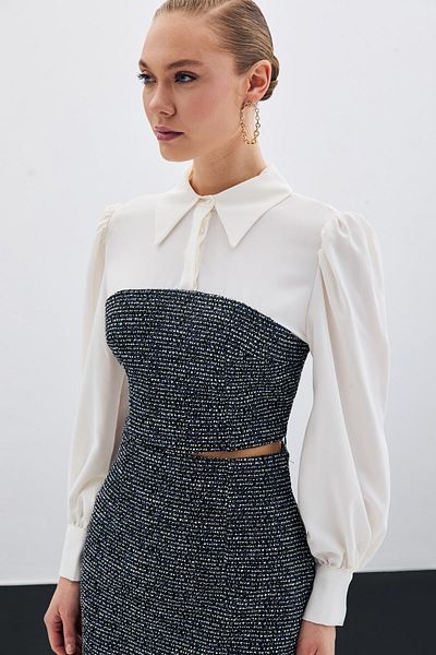 Sateen Sax Blue Tweed Shirt Blouse