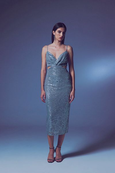 Sateen Low-Cut Sequin Dress - Silver