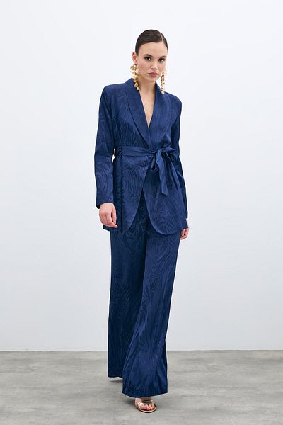 Sateen High Waist Patterned Trousers - Navy Blue
