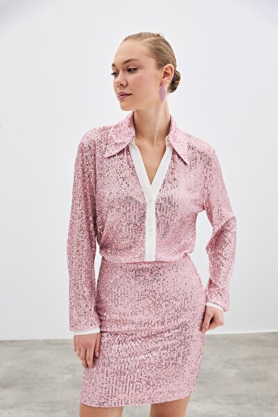 Sateen Salaş Payet Gömlek - Pudra