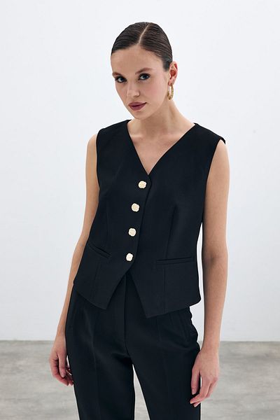 Sateen Vestă scurtă cu nasturi - neagră