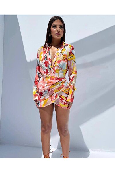 hipnoz butik Kadın Büzgülü Mini Gömlek Elbise