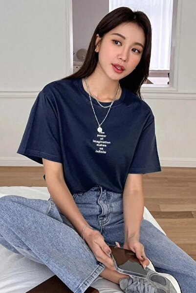 NO 601 Tricou oversize pentru femei, albastru bleumarin Power Of Printed Trend