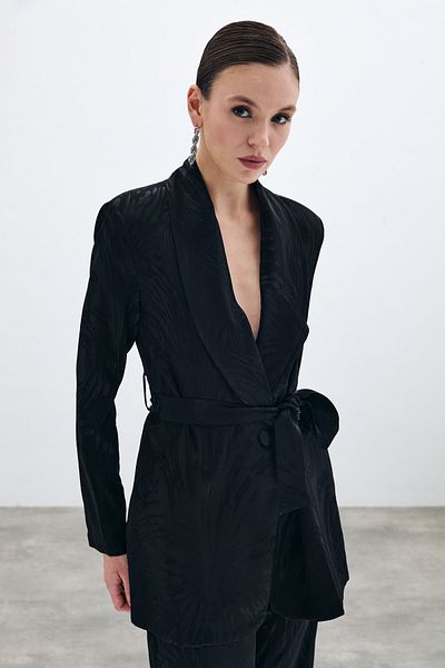 Sateen Black Patterned Long Belted Jacket