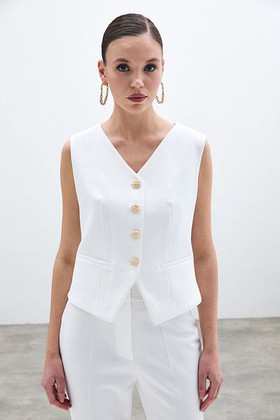 Sateen Buttoned Ecru Vest