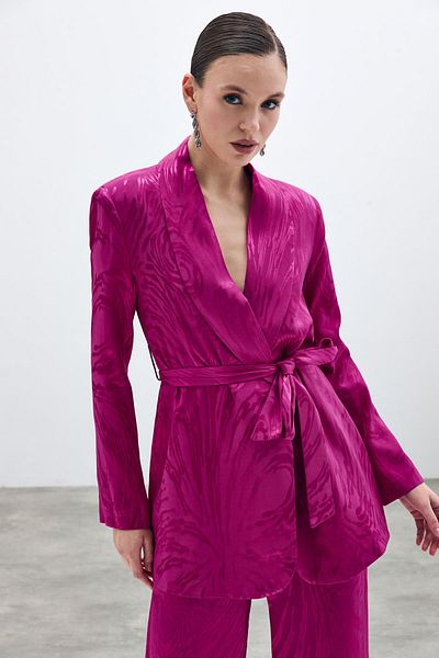 Sateen Jachetă lungă cu model cu curea - fucsia