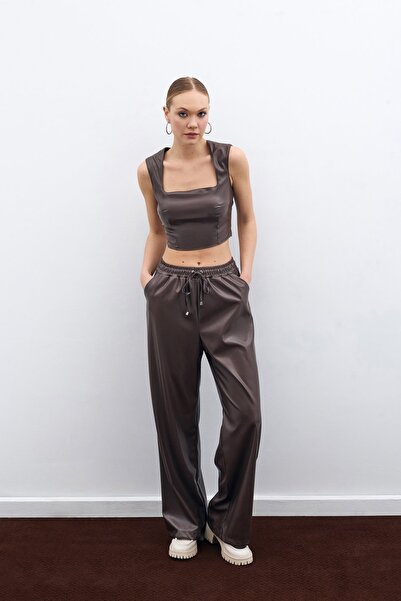 Sateen Loose Leather Trousers - Dark Brown