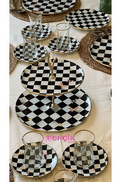 PONCİKPAZAR Checkerboard Patterned 31 Piece Breakfast Cake Set