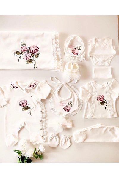 Eda Baby طقم خروج من المستشفى مكون من 10 قطع مطرز بزهرة الكوبية - طقم أنيق ومريح للأطفال حديثي الولادة