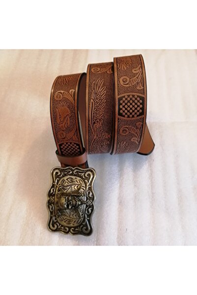 Butik Tülin قرصان جمجمة برونزي للجنسين - طباعة نسر القهوة، حزام بإبزيم تايلاندي