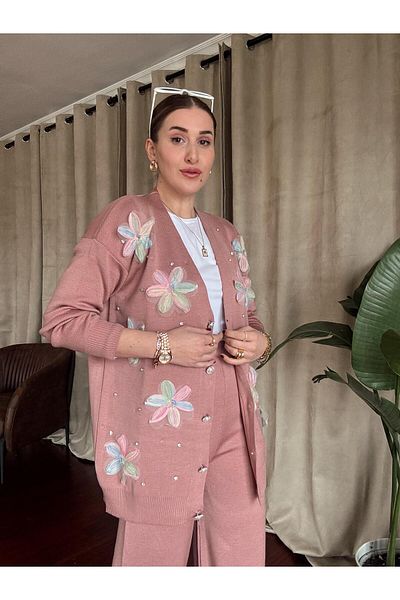 SGN Women's Floral Embroidered Stone Detailed Knitwear Cardigan and Trousers Bottom Top Set