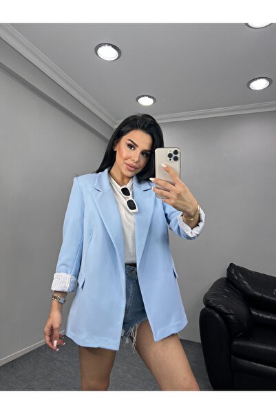 Bella Breeze Kadın Şal Yaka Düğmesiz Cepli Çizgi Desenli Astarlı Katlanabilir Kol Blazer Ceket