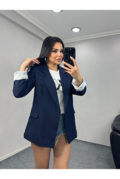 Bella Breeze Kadın Şal Yaka Düğmesiz Cepli Çizgi Desenli Astarlı Katlanabilir Kol Blazer Ceket