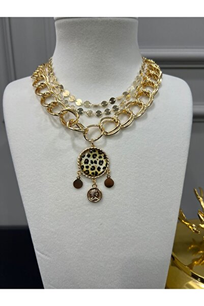 Store Üçlü Set Tasarım Şık Leopar Taşlı Kombin Kolye