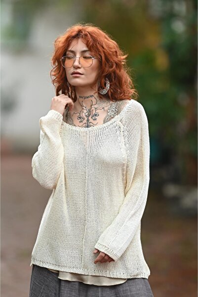 Şaman Butik Ekru Bisiklet Yaka Önü Kısa Triko Bluz