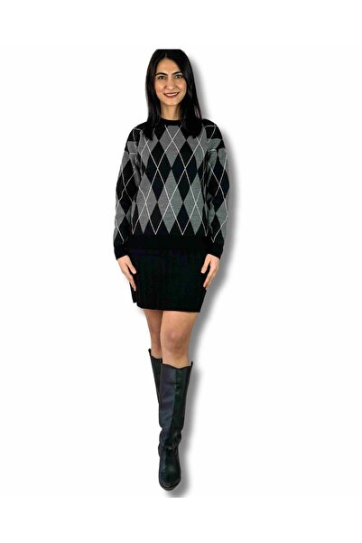 YusGos Women's Diamond Patterned Skirted Top and Bottom Knitwear Set