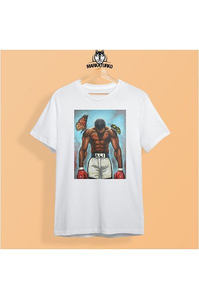 MarkaTurko Tricou unisex din bumbac pieptănat alb cu imprimeu Muhammad Ali 2405-b196