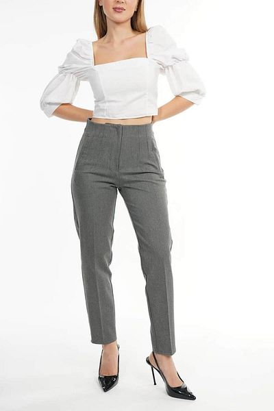 Ravencia Women's Model High Waist Fabric Gray Trousers