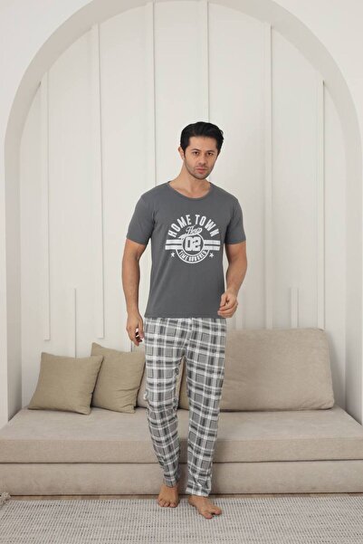 ARONA Erkek Füme Kısa Kollu Altı Uzun Yazlık Pijama Takımı