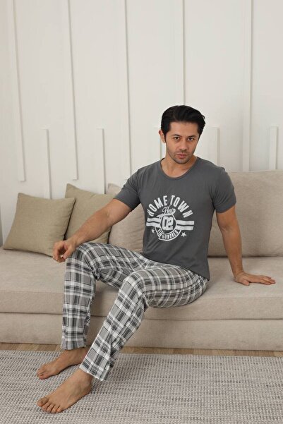 ARONA Erkek Füme Kısa Kollu Altı Uzun Yazlık Pijama Takımı