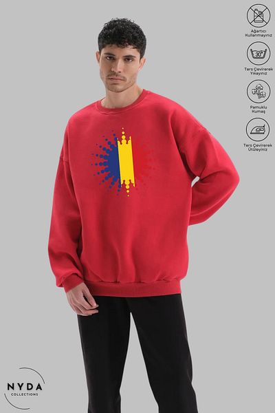 Nyda Collections Унисекс суитшърт с дълъг ръкав, щампа Румъния и кръгло деколте, без качулка и повдигнати елементи