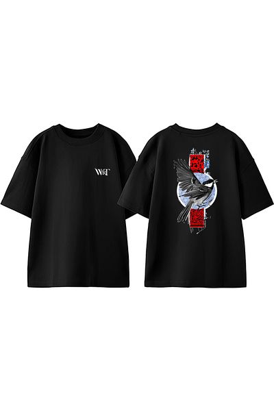 THEWERT Tricou oversize negru din bumbac imprimat cu design roșu porumbel