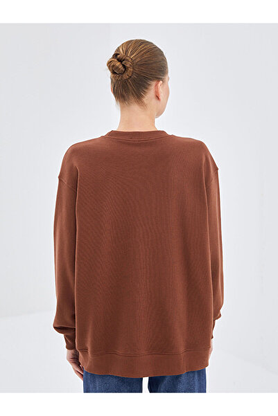 LC Waikiki Γυναικείο χοντρό φούτερ LCW Modest Brown Crew Neck Oversize