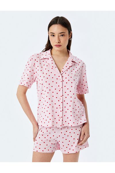 Koton Cotton shirt collar heart-patterned shorts pajama set.