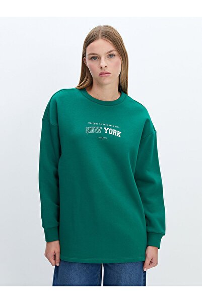 LC Waikiki Dark Green Crew Neck Printed Oversize Women's Thick Sweatshirt