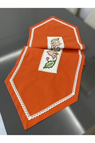 Parla Life Turuncu Renk Kanaviçe İşleme Keten Runner (özel ölçü ve renk yapılır )