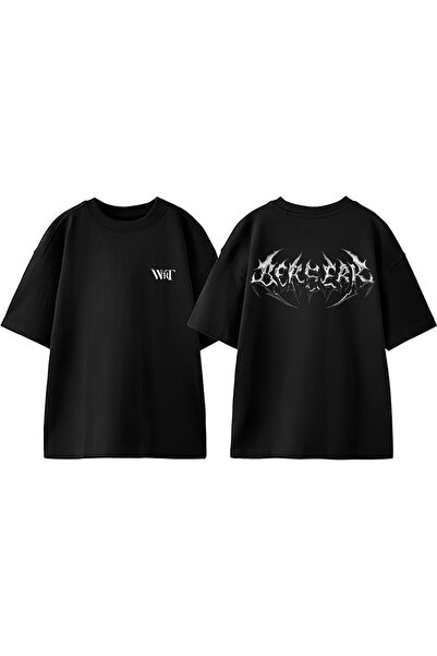 THEWERT Berserk Gümüş Yazı Tasarım Sırt Baskılı Pamuk Siyah Oversize T-shirt