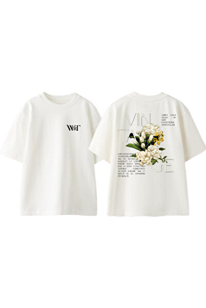 THEWERT Tricou oversize alb din bumbac imprimat pe spate cu design floral vin...