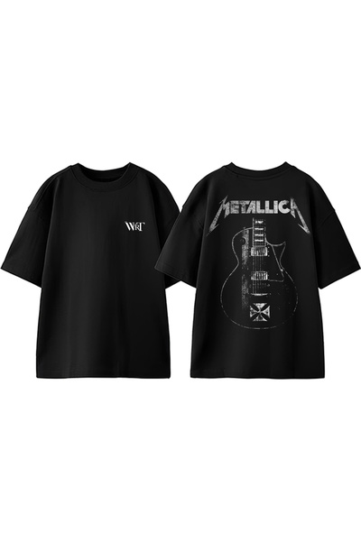 THEWERT تي شيرت أسود كبير الحجم من القطن بطبعة خلفية بتصميم جيتار معدني