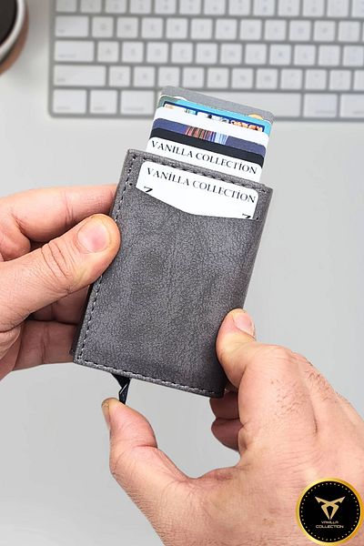 VANİLLA Mechanized Wallet Vegan Leather Card Holder with 9 Card Slots and Large Coin Compartment Rfid Blocking Crazy Gray