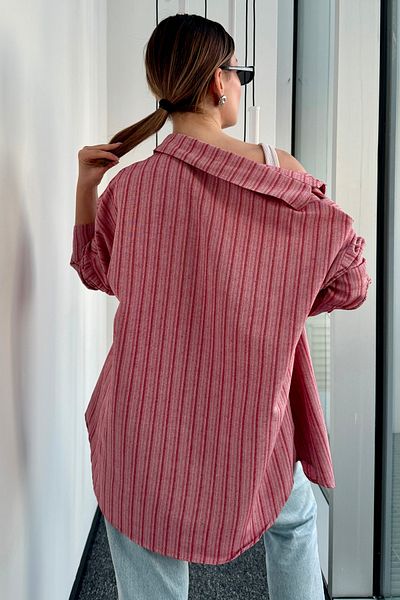 bb butik basic Oversize Cream Color Linen Textured Cotton Striped Loose Shirt Bb-Ku3435