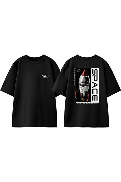 THEWERT Tricou oversize negru din bumbac imprimat pe spate Space Rocket Design