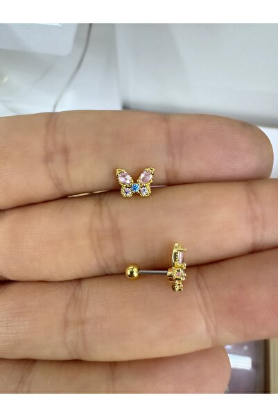 Arescollection Pembe mavi zirkon taşlı kelebek model tragus helix lobe uyumlu...