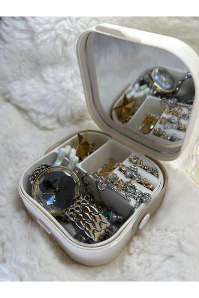 Store Travel Size Luxury Jewelry Organizer Box with Mirror (Cream) Accessory Case Ring Earring Organizer
