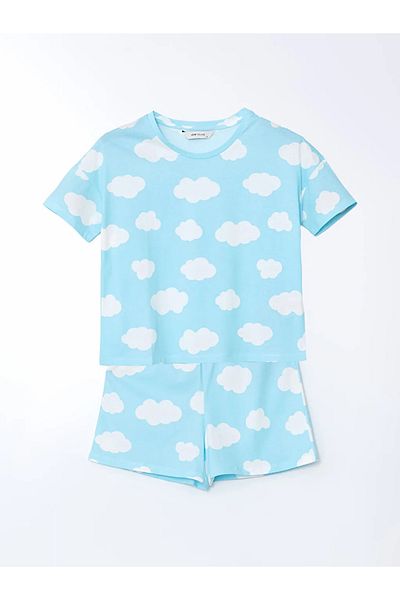 LC Waikiki Set de pijamale pentru femei LCW Young Blue Crewneck imprimat cu pantaloni scurți