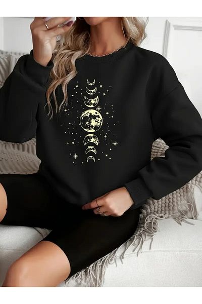 PALPİTO Women's Black Moon Printed Crew Neck Oversize Sweatshirt