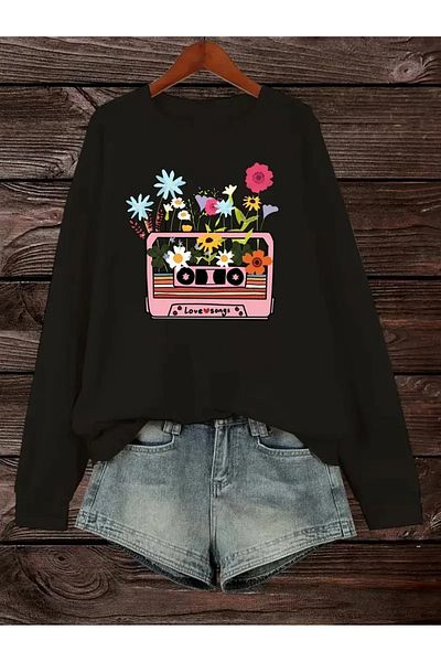PALPİTO Women's Black Cassette Flower Pot Printed Crew Neck Oversize Sweatshirt