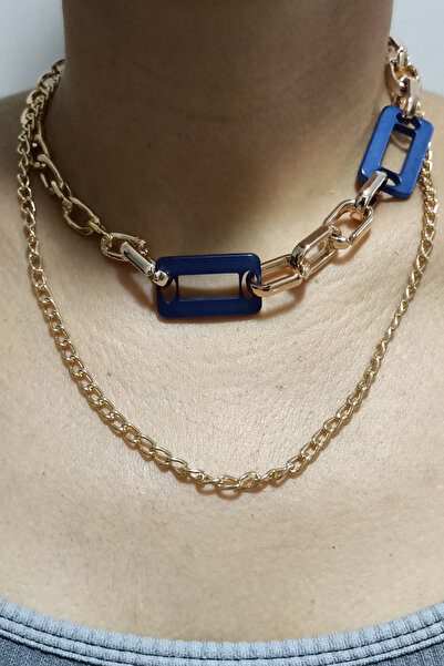 Qlees İnce Zincir Üstü Kalın Zincir Mavi Boncuk Arası El Yapımı Kolye
