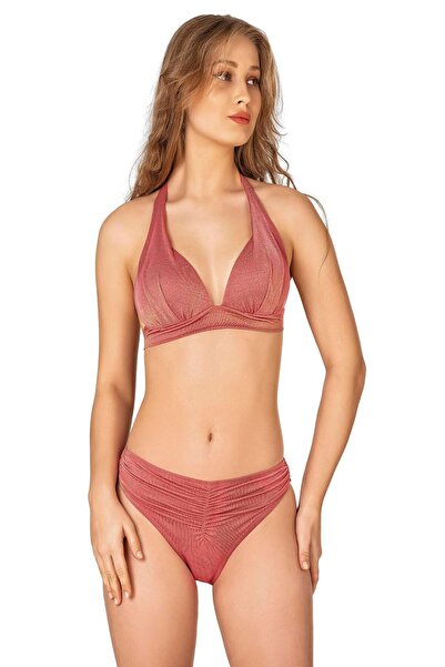 Endeep Kadın Ön Büzgü Detaylı Yarım Dolgulu Simli Pembe Bikini Takımı